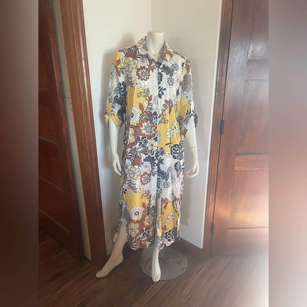 CHARLIE B Yellow, White & Brown Floral Maxi Shirt Dress